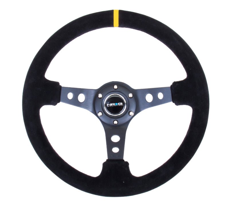 NRG Reinforced Steering Wheel (350mm / 3in. Deep) Blk Suede w/Circle Cut Spokes & Single Yellow CM - My Store