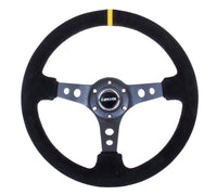 NRG Reinforced Steering Wheel (350mm / 3in. Deep) Blk Suede w/Circle Cut Spokes & Single Yellow CM - My Store