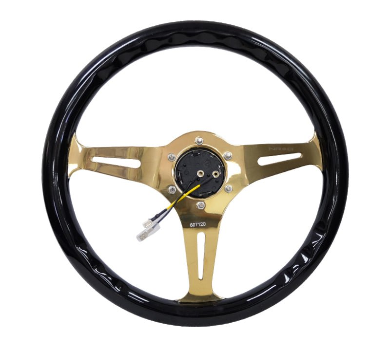 NRG Classic Wood Grain Steering Wheel (350mm) Black Grip w/Chrome Gold 3 - Spoke Center - My Store