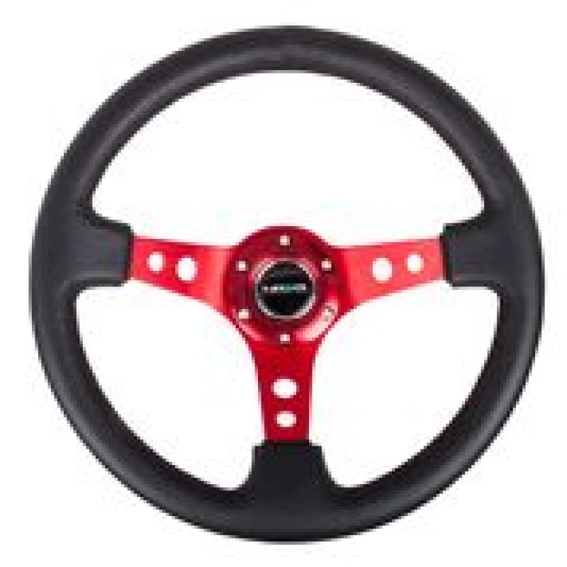NRG Reinforced Steering Wheel (350mm / 3in. Deep) Blk Leather w/Red Circle Cutout Spokes - My Store