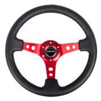 compare product NRG Reinforced Steering Wheel (350mm / 3in. Deep) Blk Leather w/Red Circle Cutout Spokes