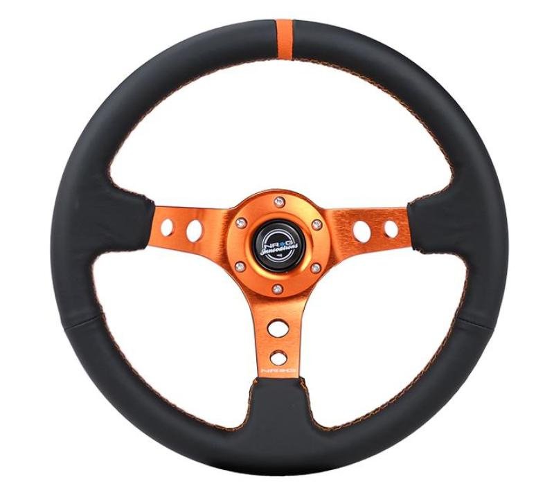NRG Reinforce Steering Wheel (350mm / 3in. Deep) Blk Leather, Orange Center Mark w/ Orange Stitching - My Store