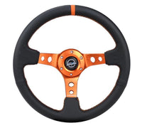 NRG Reinforce Steering Wheel (350mm / 3in. Deep) Blk Leather, Orange Center Mark w/ Orange Stitching - My Store