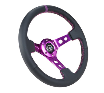 compare product NRG Reinforced Steering Wheel (350mm / 3in. Deep) Black Leather w/Purple Center & Purple Stitching