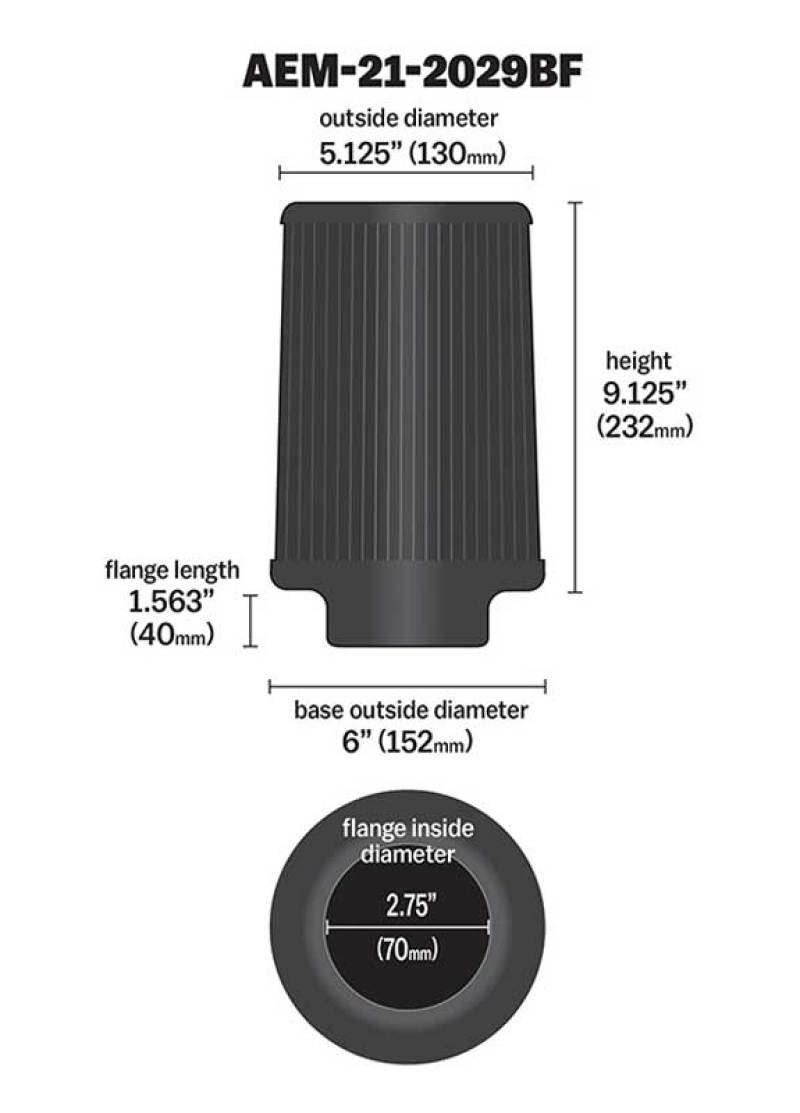 AEM Dryflow Conical Air Filter 2.75in Flange ID / 6in Base OD / 5.125in Top OD / 9.125in Height - My Store