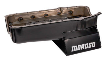 compare product Moroso 80-85 Chevrolet SBC (w/Passenger Side Dipstick) Wet Sump 7qt 8.25in Steel Oil Pan - Black