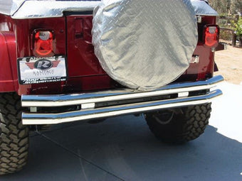 compare product Rampage 1976-1983 Jeep CJ5 Double Tube Rear Bumper w/Hitch Receiver - Stainless