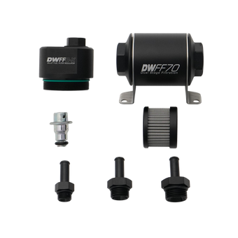 compare product DeatschWerks DWFFR-X 70mm Billet Fuel Filter Regulator - 10 Micron with 3/8in Fittings