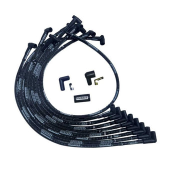compare product Moroso SBC Over Valve Cover 90 Deg Plug End HEI Sleeved Ultra Spark Plug Wire Set - Black