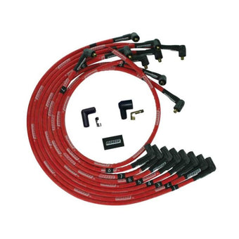 compare product Moroso BBC Under Header 90 Deg Plug Boots Non-HEI Sleeved Ultra Spark Plug Wire Set - Red