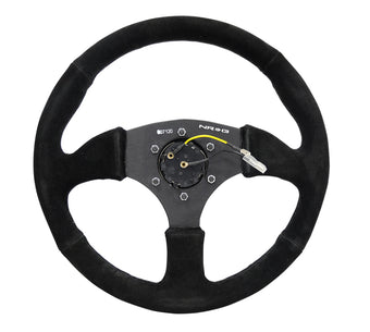 compare product NRG Reinforced Steering Wheel (350mm / 2.5in. Deep) Blk Suede Comfort Grip w/5mm Matte Blk Spokes