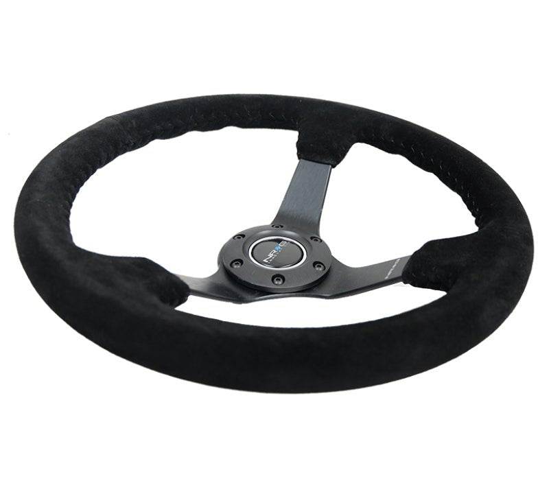 NRG Reinforced Steering Wheel (350mm / 3in. Deep) Blk Suede/Blk Bball Stitch w/5mm Matte Black Spoke - My Store