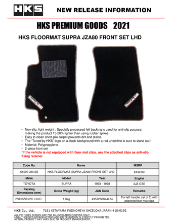 compare product HKS 93-02 Toyota JZA80 Supra Front Floormat Set - LHD