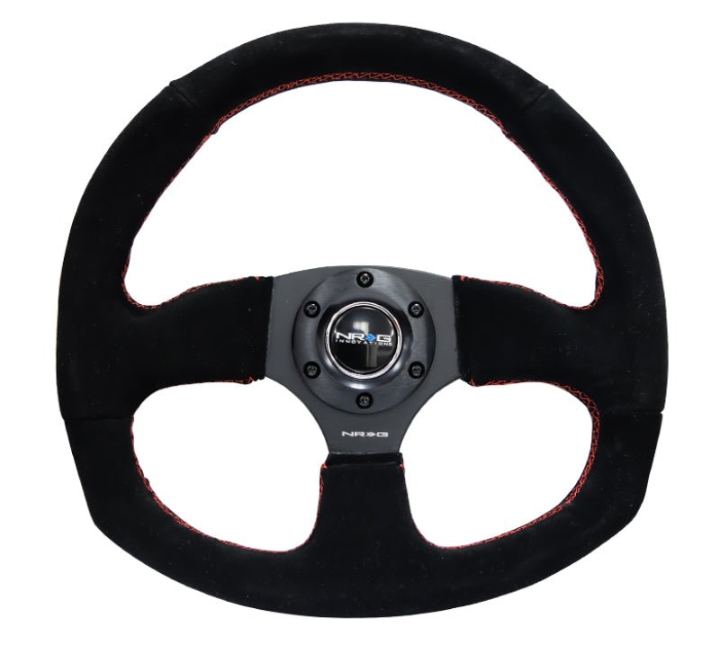 NRG Reinforced Steering Wheel (320mm Horizontal / 330mm Vertical) Suede w/Red Stitch - My Store