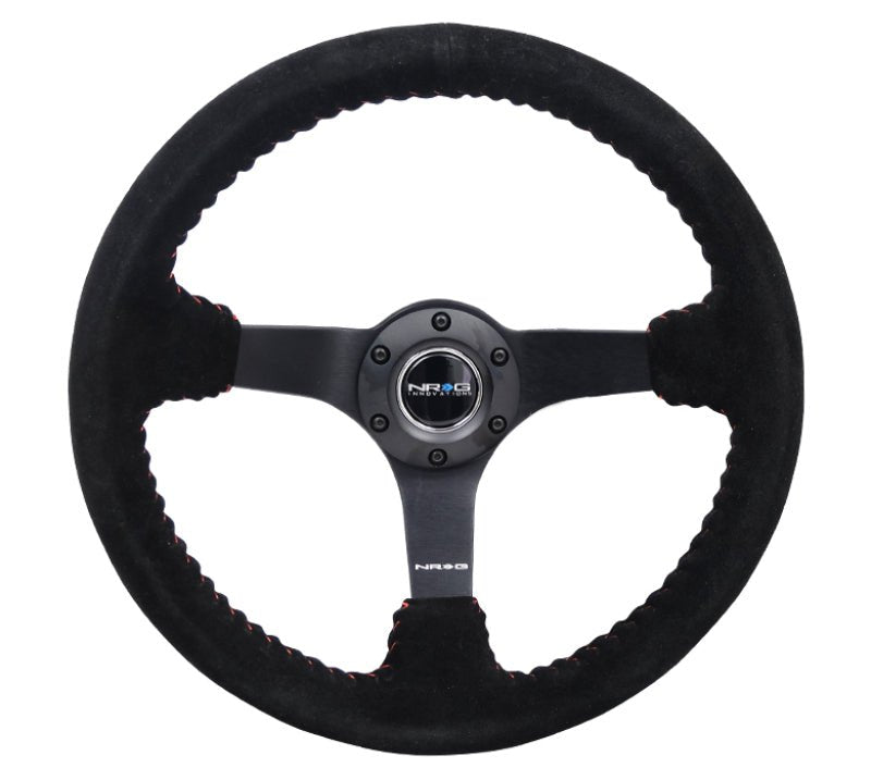 NRG Reinforced Steering Wheel (350mm / 3in. Deep) Blk Suede/Red BBall Stitch w/5mm Matte Blk Spokes - My Store