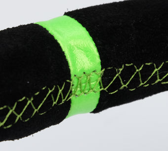 compare product NRG Reinforced Steering Wheel 350mm/3in. Deep Blk Suede/ Neon Green Stitch w/5mm Matte Black Spoke