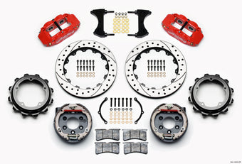 compare product Wilwood Narrow Superlite 4R Rear P-Brk Kit 12.88in Drill Red Strange Eng Floater 3.49in Offset