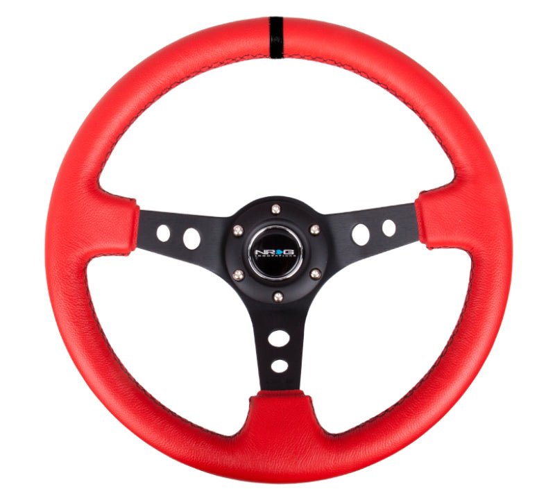 NRG Reinforced Steering Wheel (350mm / 3in. Deep) Red Suede w/Blk Circle Cutout Spokes - My Store