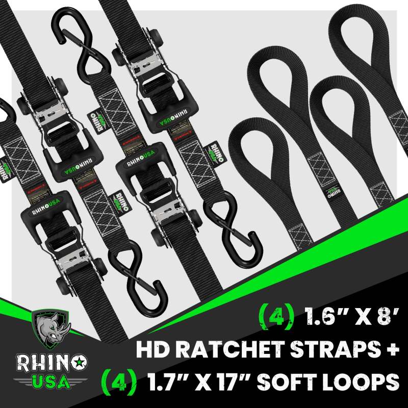 Rhino USA Heavy Duty Ratchet Tie - Down 4 - Pack (Black) 1.6In X 8Ft - My Store