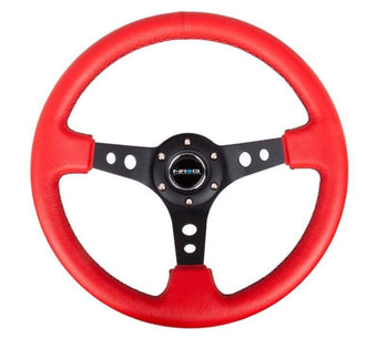 compare product NRG Reinforced Steering Wheel (350mm / 3in. Deep) Red Leather/Blk Stitch w/Blk Spokes (Hole Cutouts)