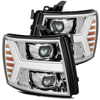 compare product AlphaRex 07-13 Chevy 1500 LUXX LED Proj Headlights Plank Design Chrome w/ Activ Light/Seq Signal/DRL