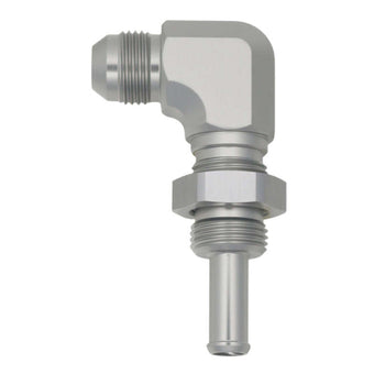 compare product DeatschWerks 8AN Male Flare to 90-Degree 3/8in Single Hose Barb - Anodized DW Titanium