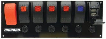 compare product Moroso Rocker Switch Panel - Flat Surface Mount - LED w/USB - 3.388in x 9.15in -Five On/Off Switches
