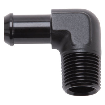 compare product Edelbrock Hose End 90-Deg 1/2In NPT to 5/8In Barb Black Anodize