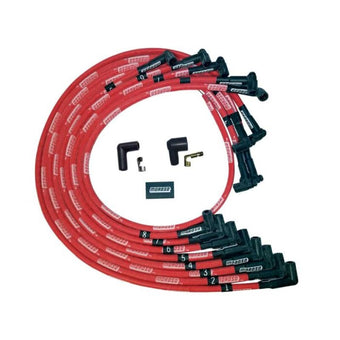 compare product Moroso SBC Under Header Sleeved HEI 90 Degree Boots Ultra Spark Plug Wire Set - Red