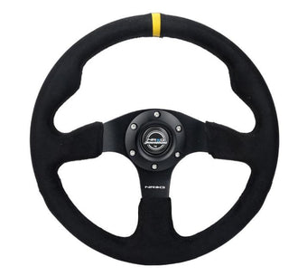 compare product NRG Reinforced Steering Wheel (350mm/ 3in. Deep) Alcantara w/ Yellow Center w/ Black Stitch