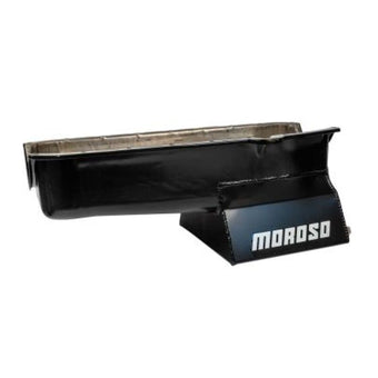 compare product Moroso Pre-80 Chevrolet SBC (w/Driver Side Dipstick) Wet Sump 7qt 8.25in Steel Oil Pan - Black