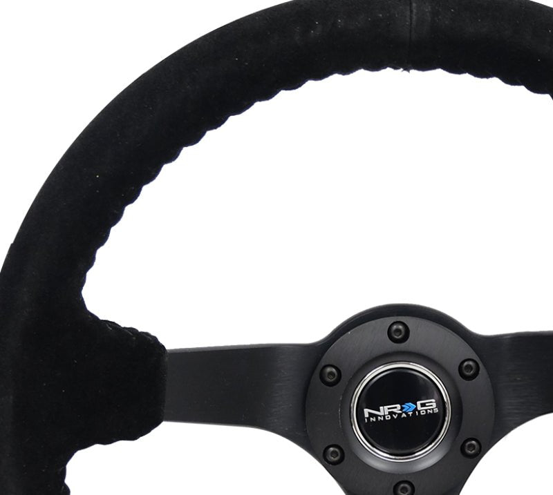 NRG Reinforced Steering Wheel (350mm / 3in. Deep) Blk Suede/Blk Bball Stitch w/5mm Matte Black Spoke - My Store