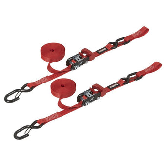 compare product SpeedStrap 1In x 15Ft Ratchet Tie Down w/ Snap FtSFt Hooks Soft Tie (2 Pack) - Red