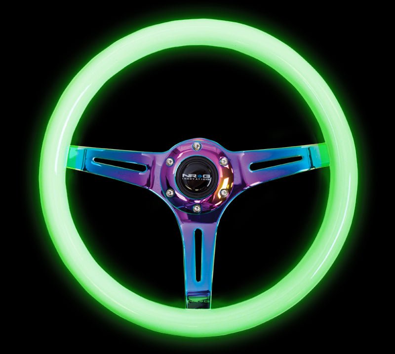 NRG Classic Wood Grain Steering Wheel (350mm) Glow - N - The - Dark Green Grip w/Neochrome 3 - Spoke Center - My Store