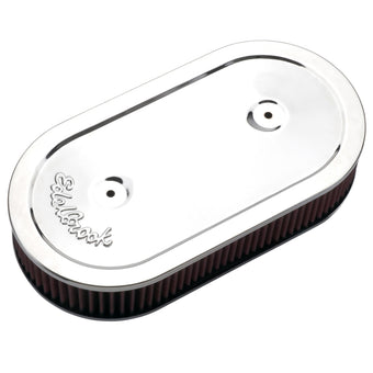 compare product Edelbrock Air Cleaner Pro-Flo Series Oval Steel Top Cloth Element 13 5In X 7In X 3 5In Chrome