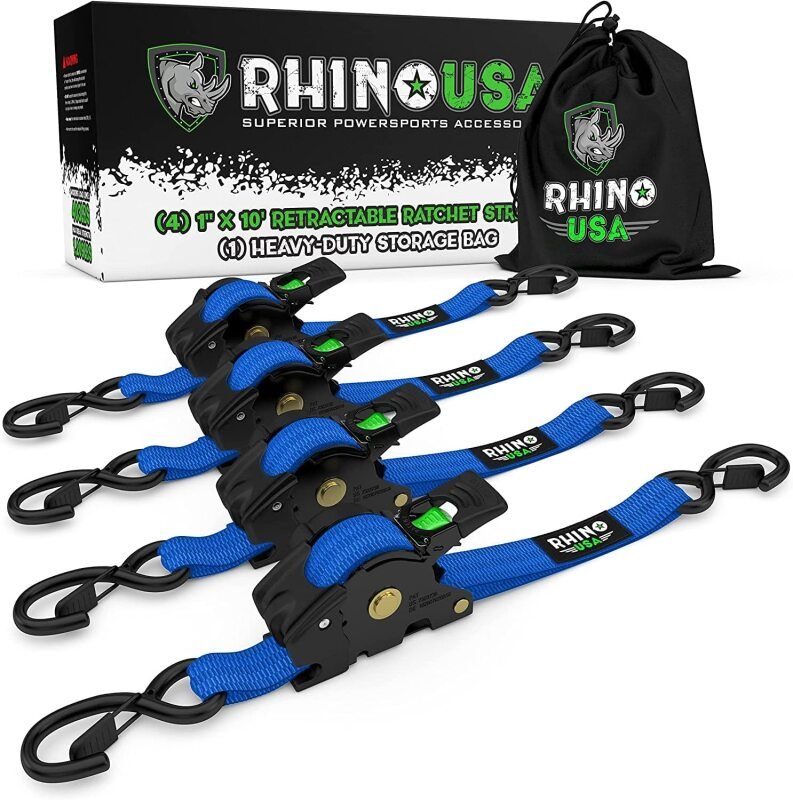 Rhino USA Retractable Ratchet Straps (4Pk 1Inx10Ft) (Blue) - My Store