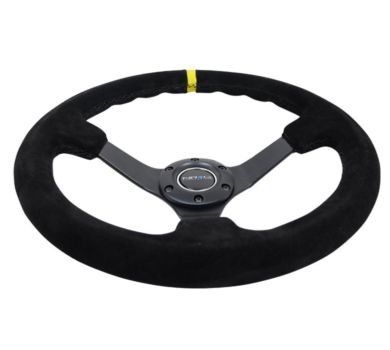 NRG Reinforced Steering Wheel (350mm / 3in. Deep) Blk Suede/X - Stitch w/5mm Blk Spoke & Yellow CM - My Store