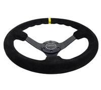 NRG Reinforced Steering Wheel (350mm / 3in. Deep) Blk Suede/X - Stitch w/5mm Blk Spoke & Yellow CM - My Store