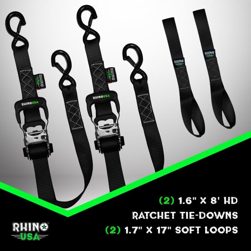 Rhino USA Heavy Duty Ratchet Tie - Downs 2 - Pack (Black) 1.6In X 8Ft - My Store