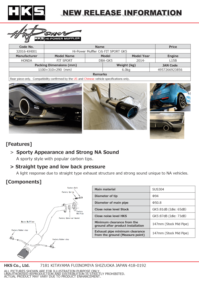 HKS Hi - Power Muffler 2014+ Honda Fit Sport GK5 w/ Carbon Tips - My Store