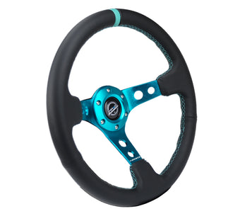 compare product NRG Reinforce Steering Wheel (350mm / 3in. Deep) Blk Leather, Teal Center Mark w/ Teal Stitching