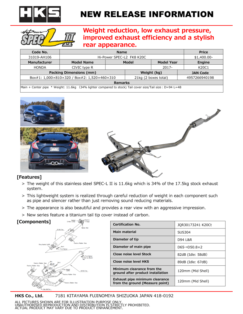 HKS Hi - Power Muffler SPEC - L2 FK8 K20C - My Store