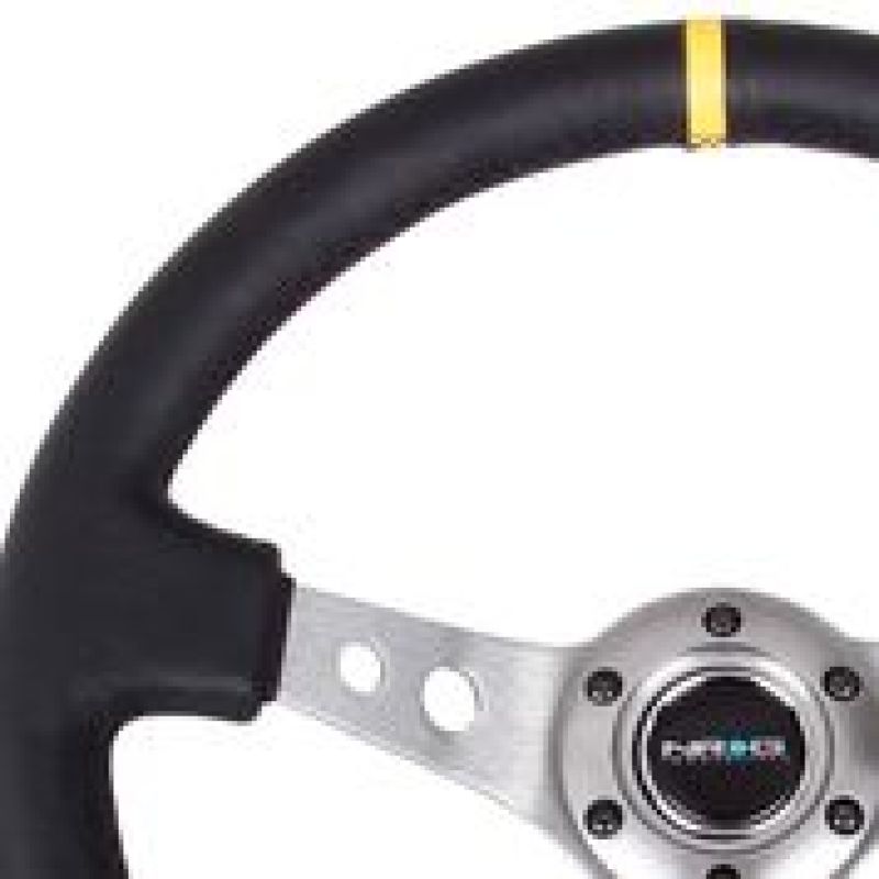 NRG Reinforced Steering Wheel (350mm / 3in. Deep) Blk Leather w/Gunmetal Cutout Spoke & Yellow CM - My Store