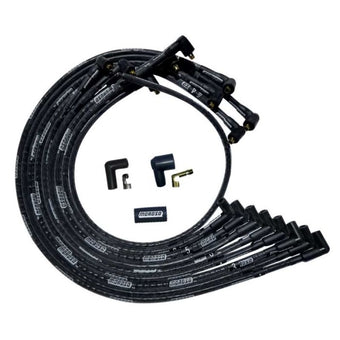 compare product Moroso SBC Under Header 90 Deg Plug Non-HEI Sleeved Ultra Spark Plug Wire Set - Black