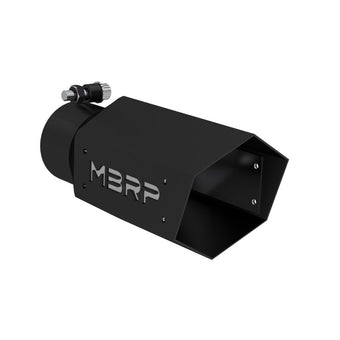 compare product MBRP Universal 4in Hex Tip 3in Inlet 10in Length w/ Logo - Black Coated