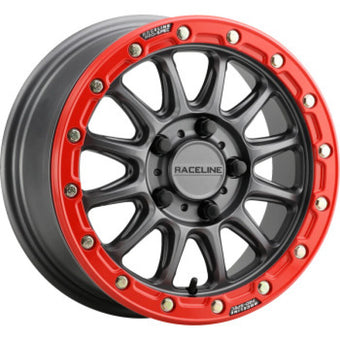 compare product Raceline A14GR Alpha 15x7in/4x137 BP/10mm Offset/110.18mm Bore - Gunmetal & Red Ring Beadlock Wheel