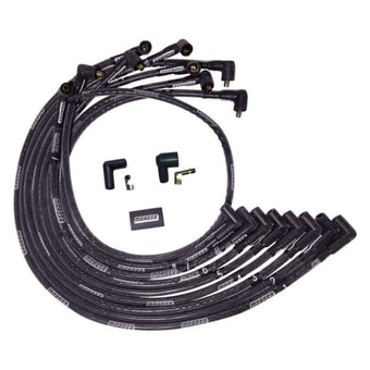 compare product Moroso BBC Under Header 90 Deg Plug End Non-HEI Sleeved Ultra Spark Plug Wire Set - Black