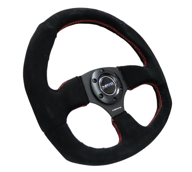 NRG Reinforced Steering Wheel (320mm Horizontal / 330mm Vertical) Suede w/Red Stitch - My Store
