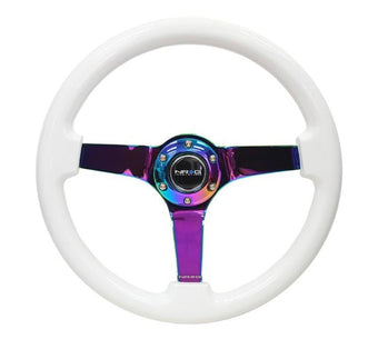 compare product NRG Reinforced Steering Wheel (350mm / 3in. Deep) Classic White w/4mm Neochrome Solid 3-Spoke