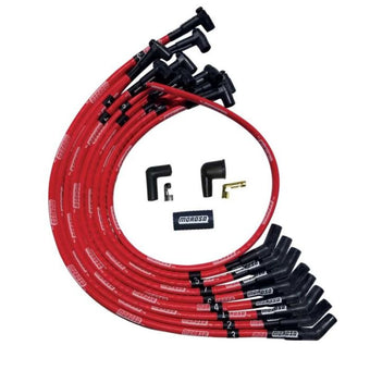 compare product Moroso SBC Over Valve Cover 135 Deg Plug HEI Sleeved Ultra Spark Plug Wire Set - Red